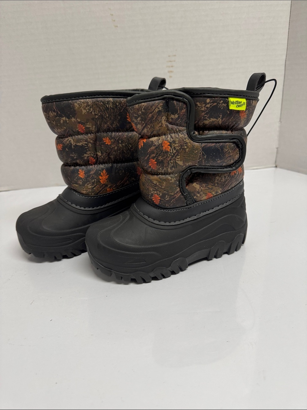 Western Chief Kids Brown Camo Snow Boots with Orange Leaf Accents